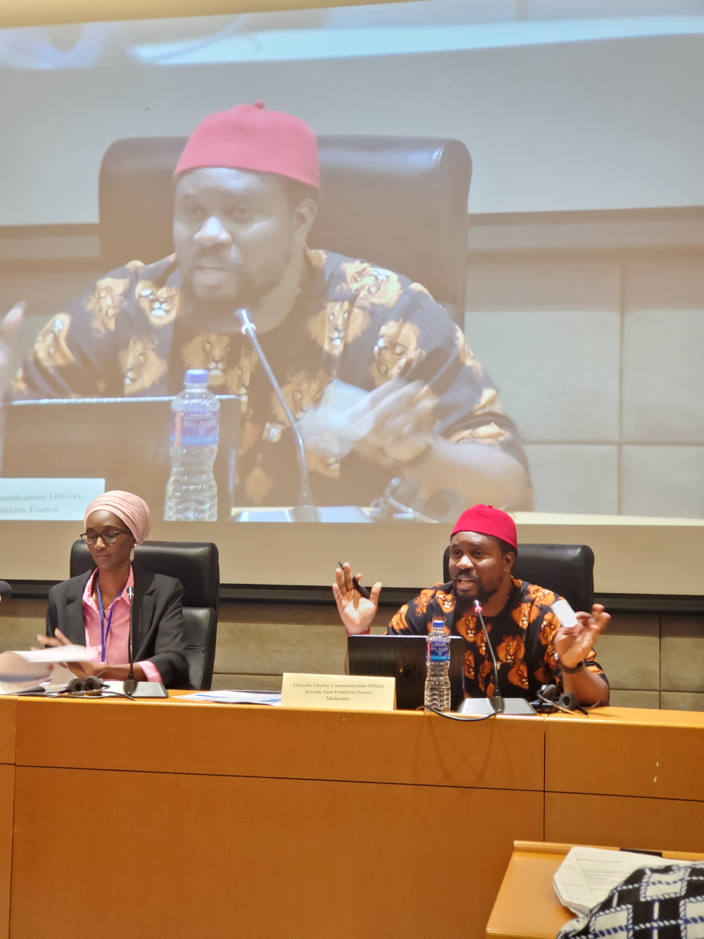Chinedu Gbulie moderating a digital rights panel at the ACHPR